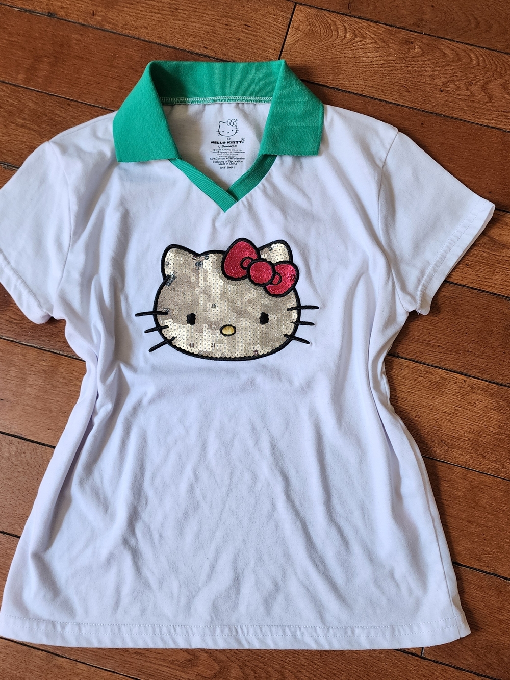 Hello Kitty Girls' White Sequin Logo Polo Top with Green Collar